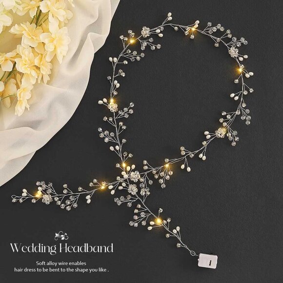 Wedding Hair Vine Silver Crystal Light Up Bridal Headband for Women Girls main image 2